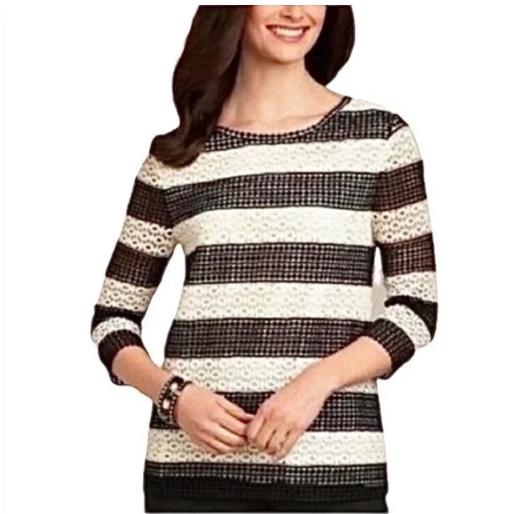 Talbots Black & Cream Embroidery Crochet Lined Striped Boxy Tunic Top size Large